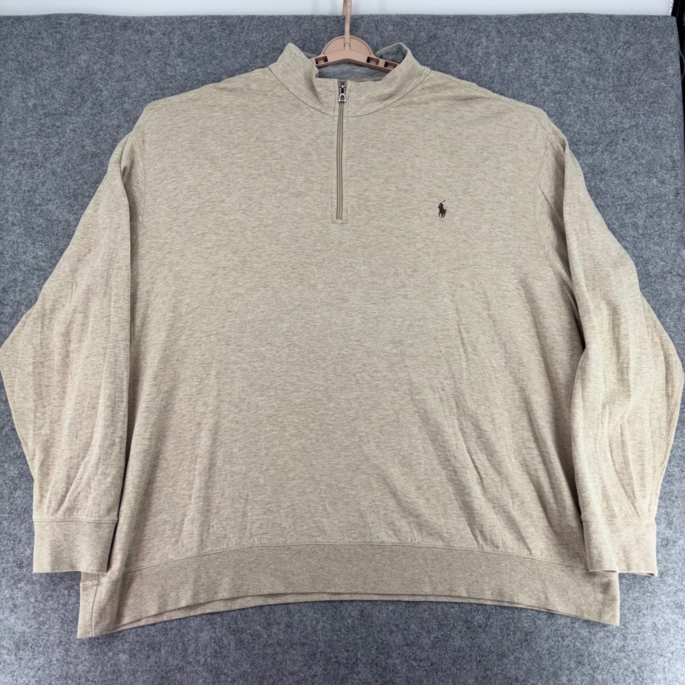 Polo Ralph Lauren Mens 4XB Tan Heather Quarter Zip Pullover Cotton Blend Sweater